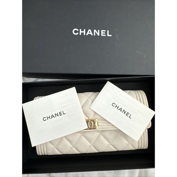 Chanel Boy Cream Beige Gold Tone Long Quilted Wallet W/box - Picture 2 of 16